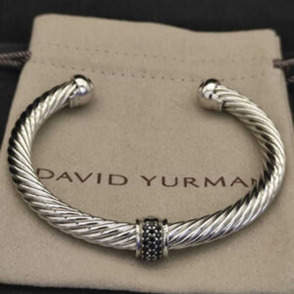 David Yurman 7mm Silver Beaded Black Diamond Bracelet